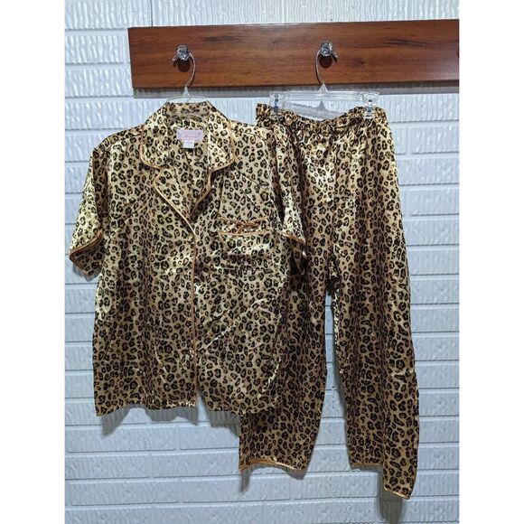So Heavenly Women's Brown 2 Piece Leopard Print Silky Pajamas Set Size Large - Picture 1 of 7